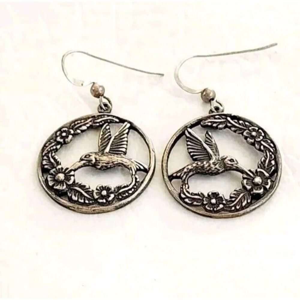 VINTAGE STERLING HUMMING BIRDS FLORAL EARRINGS 1" 7.22g